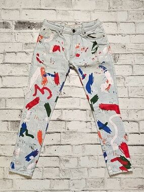 Evolution Paint Splatter Jeans 34x32 Light Wash Artistic Denim Streetwear Pants